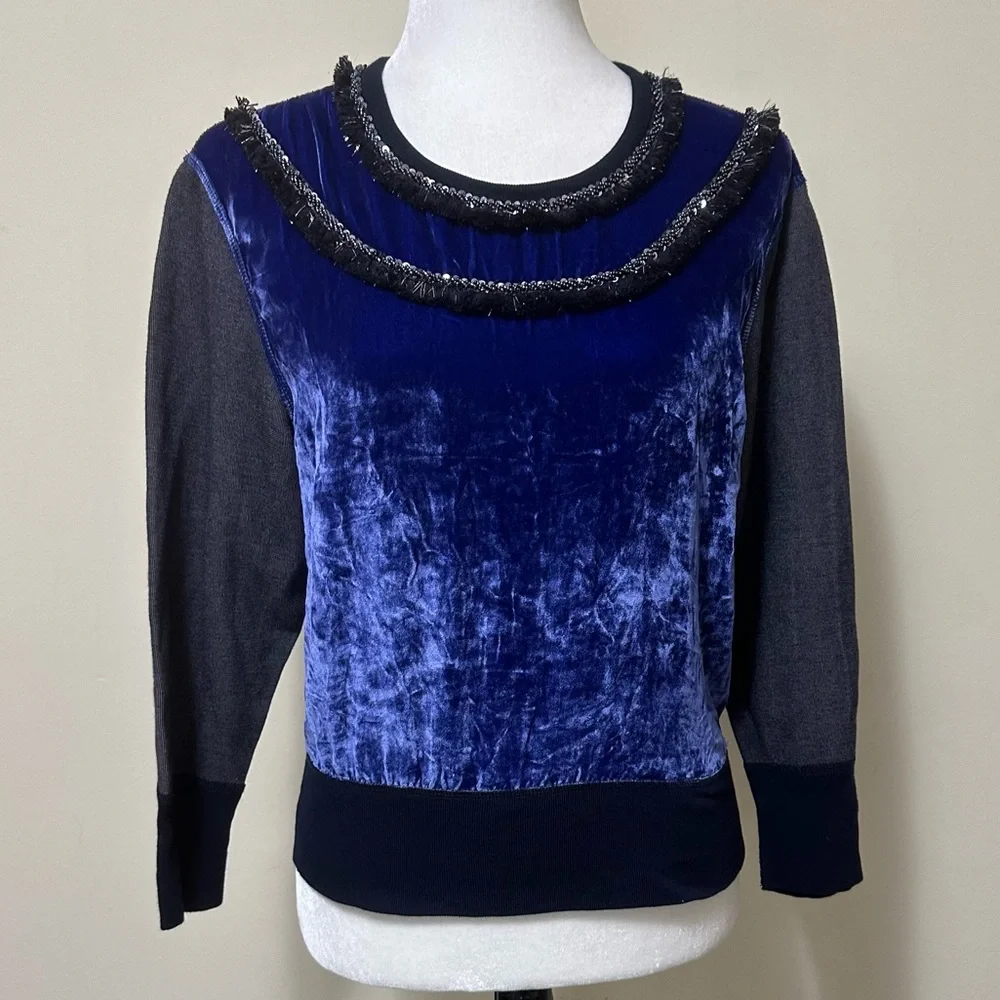 J Crew Black Label Blue Crush Velvet Beads Silver Tinsel Fringe Pullover Top S/M - Picture 12 of 15